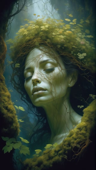 art by (apterus:1.3). shot from below of (((Mother Nature))) overgrown with vegetation moss and flowers. Amazing anatomy, (fiery eyes), wood, leafs, branches, bushes, cracks, moss, (apterus creepy anatomy:1.2), dark mood, jungle, fog, peaceful