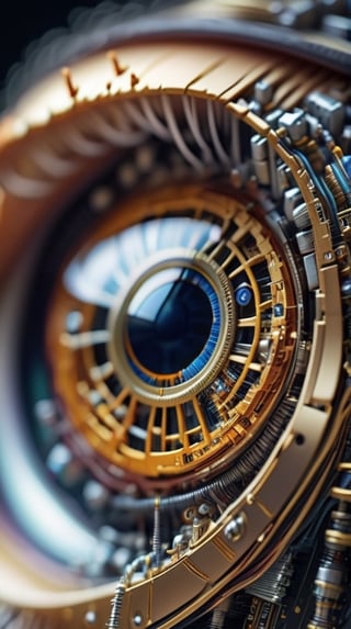 Macro photography of an eye, in which the Iris is being constructed by nanobots, nanotechnology, electronic circuitry, welding, wires, and the pupil of an eye is made of a robotic sensor, miki asai photo, high_res, cyborg style,steampunk style, gears, glass, optics, 