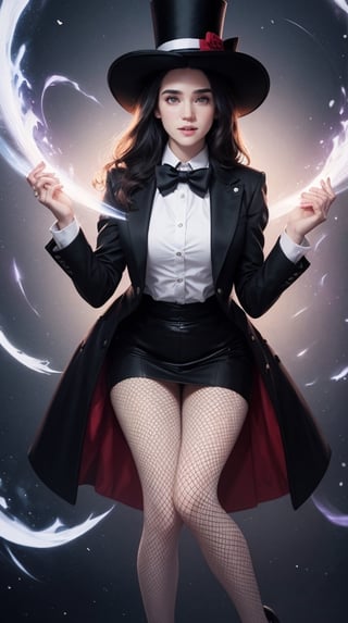 1 girl, full body, Zatanna, cute face, smile, black jacket, (black bowtie), (detailed white vest), fishnet, pantyhose, (top hat), (pale skin), colorful, Unknown terror, arcane, Around the magic ,magic surrounds ,magic rod, flying books, pages flying all over the sky, Know it all, Predicting the Future, Know the past, Infinite wisdom, blue flame, Warlock, Magical Circle, Pentagram, incantation, mantra, Singing magic, magical circle, night background, JenniferConnelly