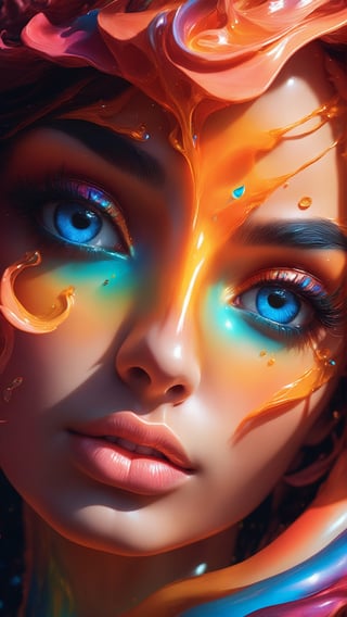 ultra detailed artistic abstract photography of liquid lust, detailed captivating eyes on molten statue, asymmetrical, gooey liquid hair, color exploding lips, highly refractive skin, Digital painting, colorful, volumetric lighting, 8k, by Cyril Rolando, by artgerm, Trending on Artstation, 16k resolution, 300 dpi, 600 dpi, 4k, Contest winner, High definition, detailed, realistic, 8k uhd, high quality,  subsurface scattering, translucent skin, glow, bloom, Bioluminescent liquid, vibrant,Leonardo Style