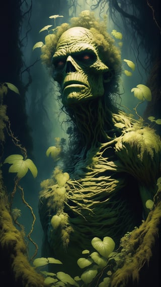 art by (apterus:1.3). shot from below of (((The Swamp Thing))) overgrown with vegetation moss and flowers. Amazing anatomy, (fiery eyes), wood, leafs, branches, bushes, cracks, moss, (apterus creepy anatomy:1.2), swampthing, dark mood, swamp, fog