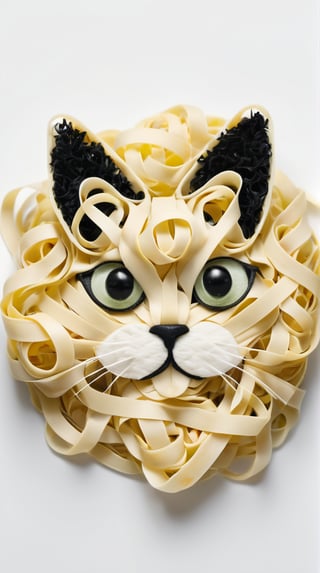 4k masterpiece artistic photo of a [glob of tagliatelle:cat face] made of tagliatelle, with fur made of tagliatelle. (solid [black:white] background)