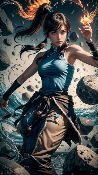 Cinematic, solo, 1girl, korra, (((dark skin))), dark-skinned female, ponytail, hair tubes, sleeveless, bare shoulders, (levitating:1.4, floating rock:1.4, floating water:1.4), ((anger's fiery fury)), colorful_aura:1.5, energy_flowing, water_flowing, angry vibe, dynamic pose, upper_body, Epic zenith, fantasy theme, Depth of field, Film Still, pretopasin, abstract, traditional media, casting spell, NightmareFlame, oni style