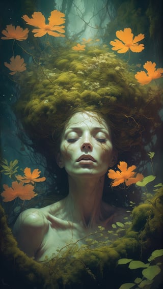 art by (apterus:1.3). shot from below of (((Mother Nature))) overgrown with vegetation moss and flowers. Amazing anatomy, (fiery eyes), wood, leafs, branches, bushes, cracks, moss, (apterus creepy anatomy:1.2), dark mood, jungle, fog, peaceful