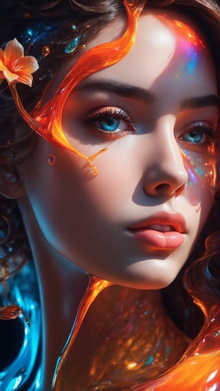 ultra detailed artistic abstract photography of liquid lust, detailed captivating eyes on molten statue, asymmetrical, gooey liquid hair, color exploding lips, highly refractive skin, Digital painting, colorful, volumetric lighting, 8k, by Cyril Rolando, by artgerm, Trending on Artstation, 16k resolution, 300 dpi, 600 dpi, 4k, Contest winner, High definition, detailed, realistic, 8k uhd, high quality,  subsurface scattering, translucent skin, glow, bloom, Bioluminescent liquid, vibrant,Leonardo Style