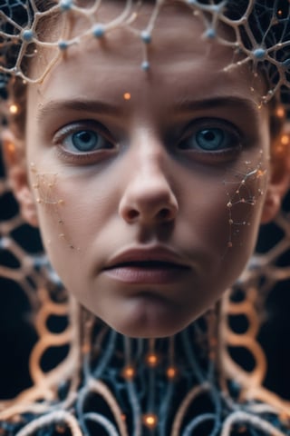 cinematic close up photo of an ethereal neural network organism, looking at viewer with sad emotion, biomechanical details,masterpiece,film scene,dutch angle,film grain,