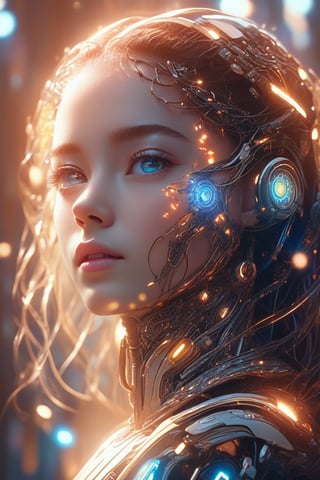 Dappled Light, photo portrait of a character, (Ultra realistic, High quality, Intricate, awesome ultra high resolution movie scene), ((Colorful, Ultra detailed female Artificial intelligence)),, colorful, realistic eyes, dreamy magical atmosphere, (skin texture), (film grain), (warm hue, warm tone),  cinematic light, side lighting,