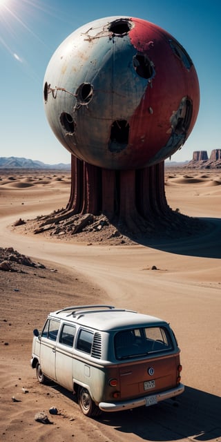 distant shot, fantasy location, (abandoned:1.3), red and white shpere, giant rusty broken sphere in a desert, damaged, Volkswagen Kombi parked near by, ((best quality)), ((masterpiece)), ((beautiful landscape)), soft light, hdr, intricate, highly detailed, sharp focus, insane details, intricate details, low contrast, soft light