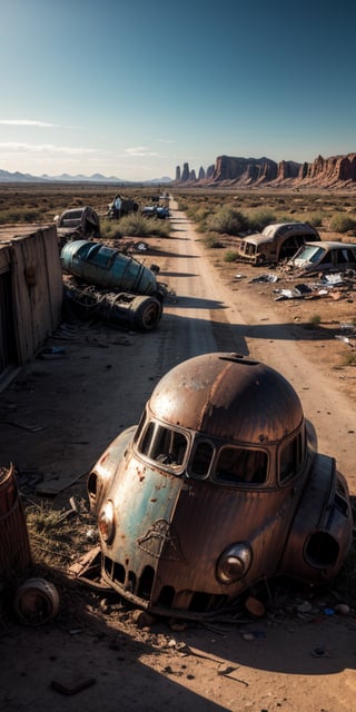 junkyard of rusty broken 1950s UFOs, crashed in the ground, damaged, abandoned, in a desert, ((best quality)), ((masterpiece)), ((beautiful landscape)), soft light, hdr, intricate, highly detailed, sharp focus, insane details, intricate details, low contrast, soft light