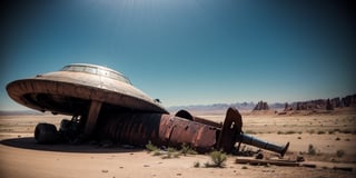 [giant UFO] [rusty broken 1950s UFO, crashed in the ground, damaged, abandoned], in a [desert], ((best quality)), ((masterpiece)), ((beautiful landscape)), soft light, hdr, intricate, highly detailed, sharp focus, insane details, intricate details, low contrast, soft light