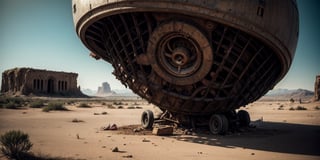 [giant rusty broken spherical UFO, crashed, half stucked in the ground, damaged, abandoned], in a [desert], ((best quality)), ((masterpiece)), ((beautiful landscape)), soft light, hdr, intricate, highly detailed, sharp focus, insane details, intricate details, low contrast, soft light