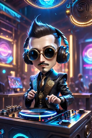 Best quality, high-res photo, cyber-steampunk style Nikola Tesla DJ in the night club, high-detailed, plays DJ instrument so passionly, cyber-steampunk style, chibi, DJ instrument, gears panels,  DJ headphone , crowd background, neon sparks, leds, sparkling, 3d style,chibi,cyberpunk style