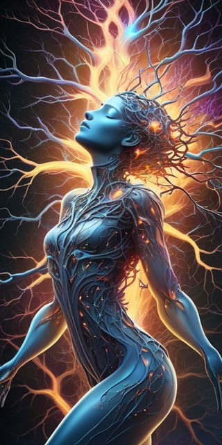 concept art breathtaking  translucent woman, (from below:1), (full body:3), made entirely out of brain neurons under microscope,  closed eyes, face peeling off , neurons firing, highly detailed, background is intricate brain neurons colorful structure with lightening effects connected to woman. award-winning, professional, highly detailed . digital artwork, illustrative, painterly, matte painting, highly detailed