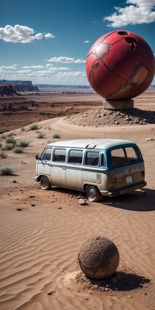 one distant shot, fantasy location, (abandoned:1.3), red and white shpere, giant rusty broken sphere in a desert is half buried in the ground, damaged, and Volkswagen Kombi is parked near by, ((best quality)), ((masterpiece)), ((beautiful landscape)), soft light, hdr, intricate, highly detailed, sharp focus, insane details, intricate details, low contrast, soft light