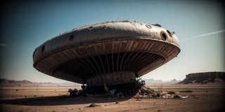 [giant rusty broken UFO, crashed, half buried in the ground, damaged, abandoned], in a [desert], ((best quality)), ((masterpiece)), ((beautiful landscape)), soft light, hdr, intricate, highly detailed, sharp focus, insane details, intricate details, low contrast, soft light