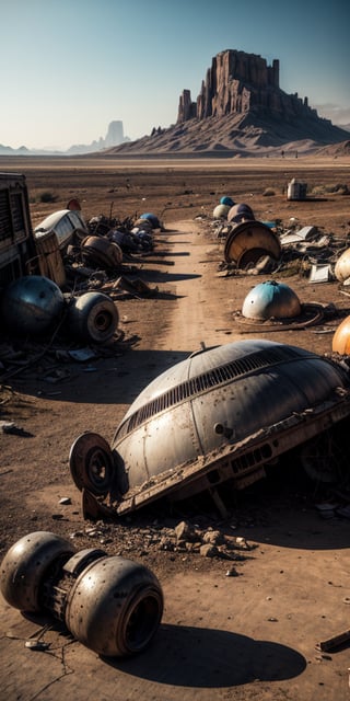 junkyard of rusty broken 1950s UFOs, crashed in the ground, damaged, abandoned, in a desert, ((best quality)), ((masterpiece)), ((beautiful landscape)), soft light, hdr, intricate, highly detailed, sharp focus, insane details, intricate details, low contrast, soft light