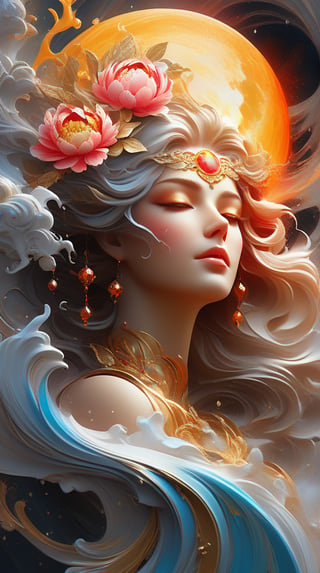 Jupiter, splash art, a close up liquid luminous moon lady made of colors, silver, red, orange, light yellow, grey golden, liquid fire peony flowers, filigree, filigree detailed, swirling fire flames, Galaxy, color drops, color waves, moonlight, splash style of colorful paint, hyperdetailed intricately detailed, unreal engine, fantastical, intricate detail, splash screen, complementary colors, fantasy, concept art, 8k resolution, masterpiece, oil painting, heavy strokes, paint dripping, splash arts, fantasy art, concept art, centered composition perfect composition, centered, intricated pose, intricated