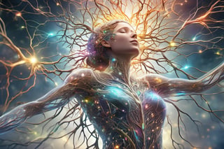 concept art breathtaking  translucent woman, (from below:1), (full body:3), made entirely out of brain neurons under microscope,  closed eyes, face peeling off , neurons firing, highly detailed, background is intricate brain neurons colorful structure with lightening effects connected to woman. award-winning, professional, highly detailed . digital artwork, illustrative, painterly, matte painting, highly detailed
