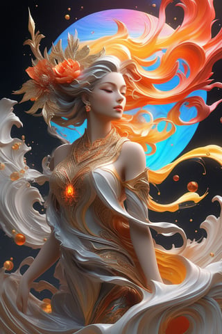 Jupiter, splash art, a close up liquid luminous moon lady made of colors, silver, red, orange, light yellow, grey golden, liquid fire peony flowers, filigree, filigree detailed, swirling fire flames, Galaxy, color drops, color waves, moonlight, splash style of colorful paint, hyperdetailed intricately detailed, unreal engine, fantastical, intricate detail, splash screen, complementary colors, fantasy, concept art, 8k resolution, masterpiece, oil painting, heavy strokes, paint dripping, splash arts, fantasy art, concept art, centered composition perfect composition, centered, intricated pose, intricated