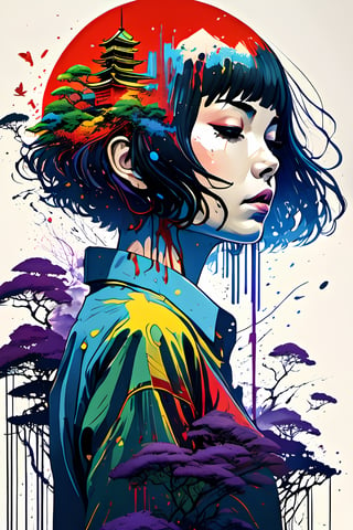 (Masterpiece:1.2), ((intricate details)), cover art, chaos, , 1girl, japanese girl, short hair, black hair, bangs, hair on forehead, high quality, (red, blue, yellow, purple, green ink), ((front view)), face dripping, clothes dripping, ink dripping, (addnet weight 1:1.0), (double exposure), ink scenery