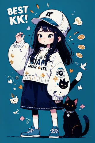 Masterpiece, best quality, highres, cat, hat, extremely clear 8K wallpaper, high quality, solo, (1girl:1.1), (oversized jacket and t-shirt), cute little girl, vector art, poster