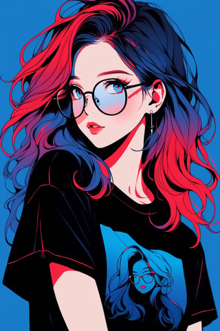 anime, 1girl, (white-blue gradient background:1.3), long floating hair, (blue gradient hair color), blush, long eyelashes, solo, small breasts, red lips, makeup, glasses, versized shirt, portrait 