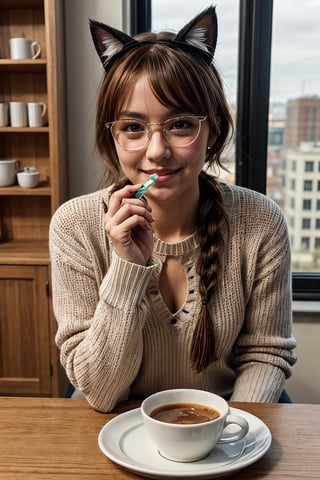 yulya,brown hair,yellow eyes,hair between eyes,cat pupils,animal ears,cat ears,tail,cat tail,cat girl,long hair,braid,side braid,single braid,bow,
1girl,glasses,solo,phone,long_hair,food,plate,cellphone,brown_hair,book,smartphone,cup,table,indoors,sunlight,long_sleeves,lips,sweater,sitting,bangs,holding,plant,drinking_glass,cake_slice,drinking_straw,window,day,white_sweater,head_rest,glass,bookshelf,green_eyes,parted_lips,blurry,drink,holding_phone,sleeves_past_wrists,looking_at_viewer,upper_body,smile,
((poakl)),