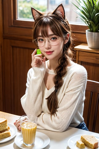 yulya,brown hair,yellow eyes,hair between eyes,cat pupils,animal ears,cat ears,tail,cat tail,cat girl,long hair,braid,side braid,single braid,bow,
1girl,glasses,solo,phone,long_hair,food,plate,cellphone,brown_hair,book,smartphone,cup,table,indoors,sunlight,long_sleeves,lips,sweater,sitting,bangs,holding,plant,drinking_glass,cake_slice,drinking_straw,window,day,white_sweater,head_rest,glass,bookshelf,green_eyes,parted_lips,blurry,drink,holding_phone,sleeves_past_wrists,looking_at_viewer,upper_body,smile,
((poakl)),