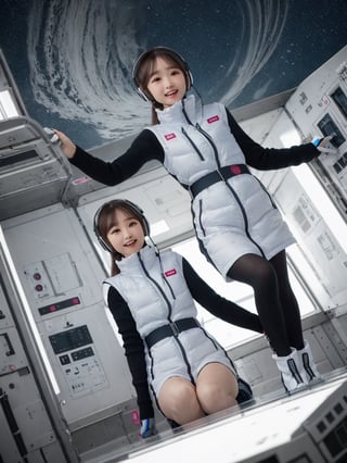 masterpiece, highest quality, High resolution, 2 girls,beautiful girls,(waist shot):2,(floating girl):8,(zero gravity):8, (Big jump):5,(flying):7, flight, fun, smile, shout, (fall):8,  dynamic angle,BREAK white downvest,headphone,headset,(white snow boots),Wind,Wind,Wind,BREAK,black belt,black stocking,black tights,black long sleeve BREAK inside futuristic space station,Scifi space ship control room BREAK Astrovest,tnf_jacket,bing_astronaut