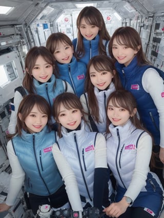 masterpiece, highest quality, High resolution,breasts, 30yo,multiple girls, (waterblue vest):100(navy vest):50,6+ girls, in spacestation , friends, super happy smiling, open mouth, opened eyes, group shot, zoom camera,Astrovest,tnf_jacket,bing_astronaut,astrovest