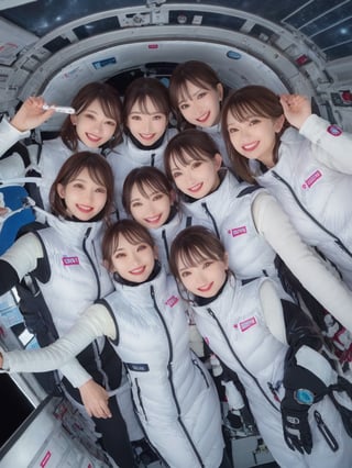 masterpiece, highest quality, High resolution,breasts, 30yo,multiple females, (shiny latex white vest):1000,6+ womens, in spacestation , friends, super happy smiling, open mouth, opened eyes, group shot, zoom camera,Astrovest,tnf_jacket,bing_astronaut,astrovest