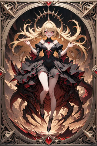 (masterpiece:1.4), ((best quality, 8k, ultra-detailed)), vanpire girl,red eyes,blonde long hair,black dress,load,, monster illustration, beautiful, full body, in TCG Card frame,high-handed, princess,satanic laughter