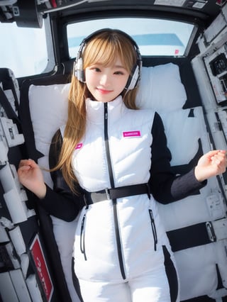 masterpiece:1.2, best quality, (highly detailed:1.3), (glamour:1.2), photo of a beautiful young woman with messy, on a luxurious spacecraft  interior, (hidden hands):3,BREAK wearing astrovest, (shiny white astrovest):2,BREAK blonde hair,long hair,wind, headphone, smile,happy,(blush, blemishes:0.6), (goosebumps:0.5), BREAK black belt,black sleeve,black tights, BREAK subsurface scattering , iridescent eyes, detailed skin texture, hourglass body shape, textured skin, realistic dull skin noise, visible skin detail, skin fuzz, dry skin, petite, photorealistic, remarkable color, (photorealistic, SFW:1.3), (upper_body from hips framing :1.3), dramatic lighting, golden_ratio, rule_of_thirds, Fujicolor_Pro_Film, BREAK futuristic bedroom,in spacestation,in spacecraft,BREAK astrovest,background,astrovest,tnf_jacket,Astrovest