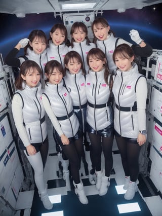 masterpiece, highest quality, High resolution,breasts, 30yo,multiple females, (shiny latex white vest):1000,6+ womens, in spacestation , friends, super happy smiling, open mouth, opened eyes, group shot, zoom camera,Astrovest,tnf_jacket,bing_astronaut,astrovest