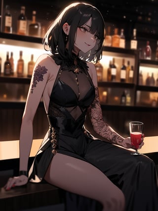 A woman with a cherry blossom tattoo on her arm, sitting at a bar, wearing a flashy, elaborate outfit. She has an confident, alluring expression on her face as she sits at the dimly lit bar, her tattoo visible. The background is blurred, with hints of the bar's atmosphere visible. The image has a moody, atmospheric feel, emphasizing the woman's striking appearance and the setting
