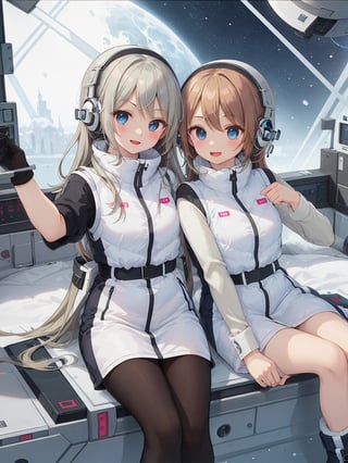 (2 girls):4,group shot,(dynamic pose):1.3,(masterpiece:1.2, best quality), (highly detailed:1.3),headphone,(white downvest):1.1,(puffer vest):1.4,(long down vest),Astrovest,BREAK inside cyberpunk white and blue futuristic space station,BREAK,black long sleeve,perfect model style,
black tights,black belt,snow boots,iwatch,BREAK,sitting on the futurstic bed,kiss,friendship, smiling very happily,beautiful  eyes,tareme-eyes,breakdomain,V-shaped eyebrows,bing_astronaut,blonde long hair BREAK blush:1.3,astrogirl,towards camera, high detail expression,wonderful illustration, high quality, detailed, pixiv illustration, souvenir photo of near-future white and silver space station travel,