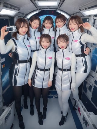 masterpiece, highest quality, High resolution,breasts, 30yo,multiple females, (shiny latex white vest):1000,6+ womens, in spacestation , friends, super happy smiling, open mouth, opened eyes, group shot, zoom camera,Astrovest,tnf_jacket,bing_astronaut,astrovest