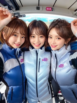 masterpiece, highest quality, High resolution,breasts, 30yo,multiple girls, (waterblue vest):100(navy vest):50,6+ girls, in spacestation , friends, super happy smiling, open mouth, opened eyes, group shot, zoom camera,Astrovest,tnf_jacket,bing_astronaut,astrovest