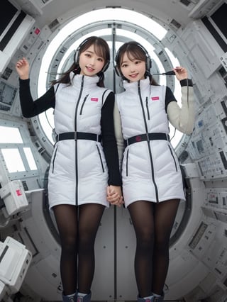 masterpiece, highest quality, High resolution, 2 girls,beautiful girls,(waist shot):2,(floating girl):8,(zero gravity):8, (Big jump):5,(flying):7, flight, fun, smile, shout, (fall):8,  dynamic angle,BREAK white downvest,headphone,headset,(white snow boots),Wind,Wind,Wind,BREAK,black belt,black stocking,black tights,black long sleeve BREAK inside futuristic space station,Scifi space ship control room BREAK Astrovest,tnf_jacket,bing_astronaut