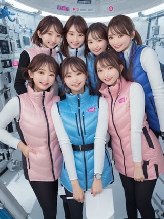masterpiece, highest quality, High resolution,breasts, multiple girls, (waterblue vest):100(pink vest):50,6+ girls, in spacestation , friends, super happy smiling, open mouth, opened eyes, group shot, zoom camera,Astrovest,tnf_jacket,bing_astronaut,astrovest