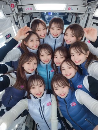 masterpiece, highest quality, High resolution,breasts, 30yo,multiple girls, (waterblue vest):100(navy vest):50,6+ girls, in spacestation , friends, super happy smiling, open mouth, opened eyes, group shot, zoom camera,Astrovest,tnf_jacket,bing_astronaut,astrovest