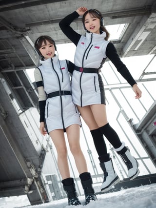 masterpiece, highest quality, High resolution, 2 girls,beautiful girls,(waist shot):2,(floating girl):8,(zero gravity):8, (Big jump):5,(flying):7, flight, fun, smile, shout, (fall):8,  dynamic angle,BREAK white downvest,headphone,headset,(white snow boots),Wind,Wind,Wind,BREAK,black belt,black stocking,black tights,black long sleeve BREAK inside futuristic space station,Scifi space ship control room BREAK Astrovest,tnf_jacket,bing_astronaut