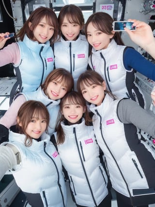 masterpiece, highest quality, High resolution,breasts, 30yo,multiple girls, (waterblue vest):100(pink vest):50,6+ girls, in spacestation , friends, super happy smiling, open mouth, opened eyes, group shot, zoom camera,Astrovest,tnf_jacket,bing_astronaut,astrovest