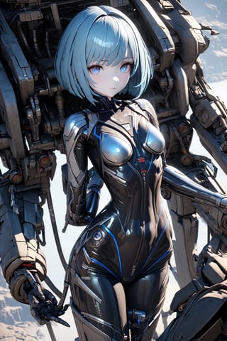 1girl, a robot girl, bob cut, short electric blue hair, glowing blue eyes, white skin, white metal skin, standing in a machine that repairs her. Cables connect the robot girl with the machine. Robot arms hold the girl. Some parts of her body are opened for repair ((masterpiece)), 3D, ((best quality)), (ultra-detailed), ((extremely detailed cg)), ((an extremely delicate)), (perfect lighting), ((8k)), (dynamic angle), (sharp image), (masterpiece, best quality, ultra detailed),more_details:1.5,robot tight suit
