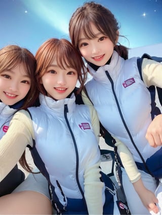 masterpiece, highest quality, High resolution,breasts, 30yo,multiple girls, (waterblue vest):100(navy vest):50,6+ girls, in spacestation , friends, super happy smiling, open mouth, opened eyes, group shot, zoom camera,Astrovest,tnf_jacket,bing_astronaut,astrovest