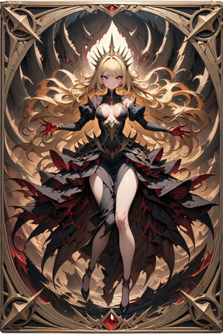 (masterpiece:1.4), ((best quality, 8k, ultra-detailed)), vanpire girl,red eyes,blonde long hair,black dress,load,, monster illustration, beautiful, full body, in TCG Card frame,high-handed, princess,satanic laughter