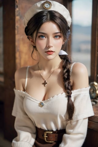 FilmGirl,HZ Steampunk,belt, gear, 1girl, solo,mole on chest,cute white beret,sweater,hair up,hair tied,  dynamic view,focus on chest, platinum hair,uniform, realistic,, cleavage ,dress, long curl hair, sitting, bare shoulders, looking at viewer, collarbone, blue eyes, lips, see-through, off shoulder, small breasts,