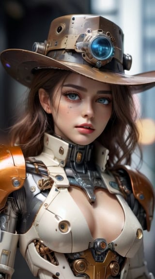 HZ Steampunk, (Space Cowgirl:1.4), (trenchcoat:1.4), (cowboy hat:1.4), Gundam armor and glowing accents. mecha, bodysuit, (beautiful detailed eyes, symmetrical eyes, (detailed face), dramatic lighting, (photorealism, photorealistic:1.4), (8k, RAW photo, masterpiece), High detail RAW color photo, realistic, (highest quality), (best shadow), (best illustration), ultra high resolution, highly detailed CG unified 8K wallpapers, physics-based rendering, hyperrealism, rich colors, hyper-realistic lifelike texture, cinestill 800),  heavy strokes, paint dripping,dashataran,3d style,cyborg style,cyborg
