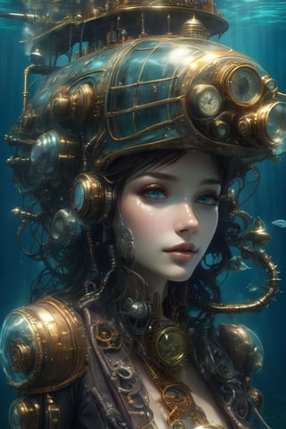 panoroma,masterpiece, HZ Steampunk,1 girl, beautiful and detailed face, submarine ,a mechanic whale,  Atlantis,steampunk style,underwater,surreal and dystopian, beautiful detail light reflective water,6000,dfdd,girl