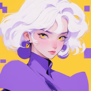 yellow and purple,minimalism, solo, yellow background, white hair, 1girl, looking at viewer, simple background, purple eyes,